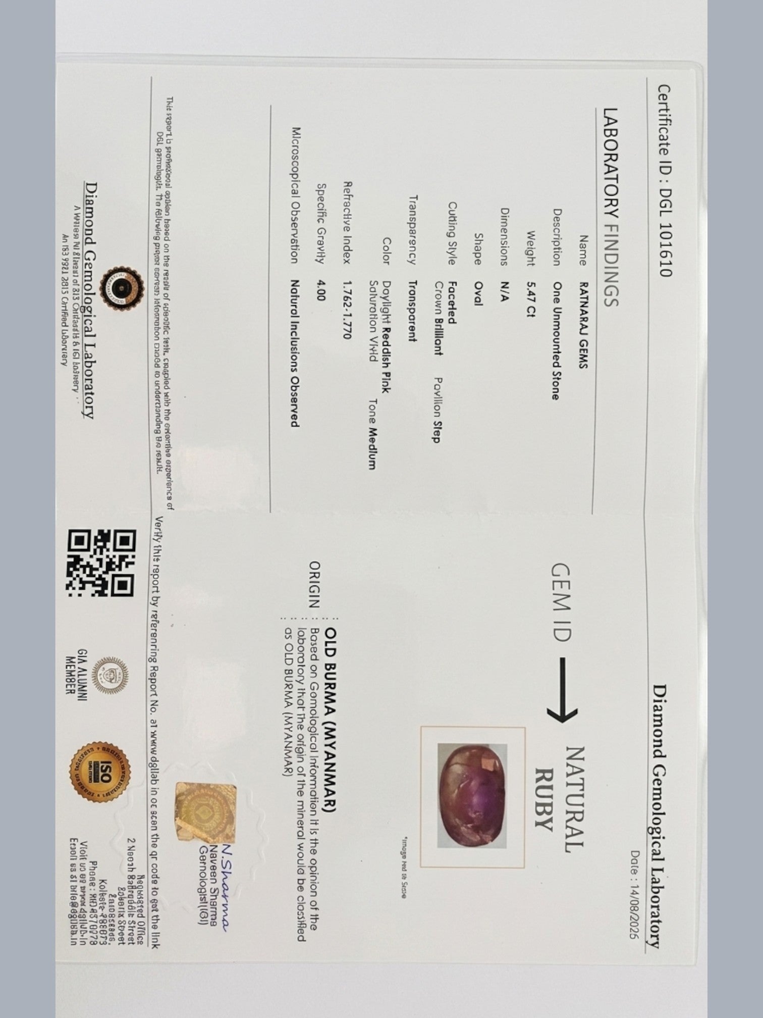ASTRO JOHARI Natural Burmese Ruby, oval faceted, 5.47 ct, daylight reddish pink saturation vivid, tone medium. Certified lab verified.